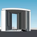 Modern Curved Office Building With Glass Curtain Walls And Archway Structure
