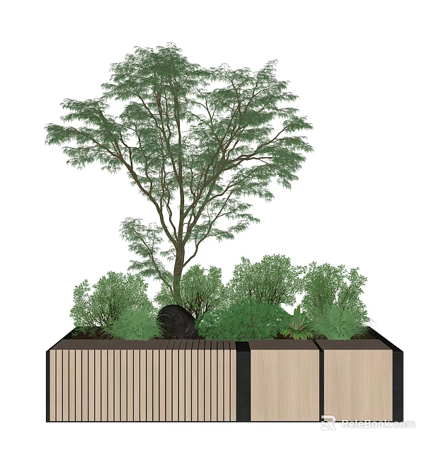 Bonsai Plant Arrangement with Tall Tree and Small Green Plants in Wooden Planter 3d model 