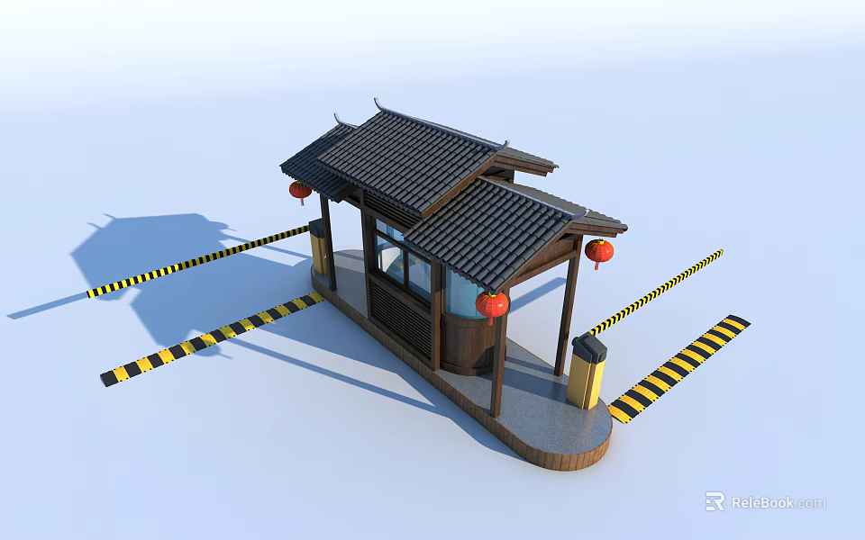 Chinese style Guard Booth With Black Roof Red Lanterns And Warning Stripes 3d model 