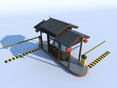 Chinese style Guard Booth With Black Roof Red Lanterns And Warning Stripes 3d model