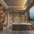 Modern SPA Sauna Room With Massage Bed Wooden Decor Bathtub And Window View