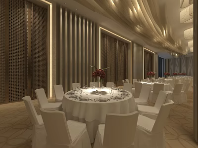 Elegant Modern Banquet Hall With Round Tables White Chairs And Wooden Walls 3d model