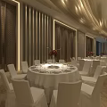 Elegant Modern Banquet Hall With Round Tables White Chairs And Wooden Walls