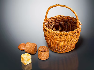 Handwoven Wicker Basket and Wooden Storage Containers with Yellow Cube for Home Use 3d model