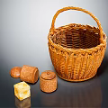 Handwoven Wicker Basket and Wooden Storage Containers with Yellow Cube for Home Use