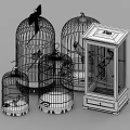 Decorative Ornament Set With Colorful Birdcages Small Bird Models And Red Bowknots