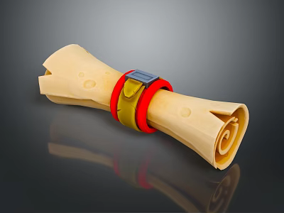 Light Colored Rolled Paper With Red Yellow Straps And Metal Buckle On Dark Background With Reflection 3d model