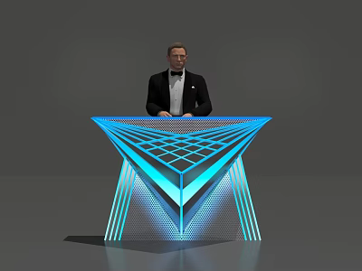 Modern Geometric Reception Desk With Blue LED Lights And Professional Receptionist 3d model