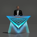 Modern Geometric Reception Desk With Blue LED Lights And Professional Receptionist