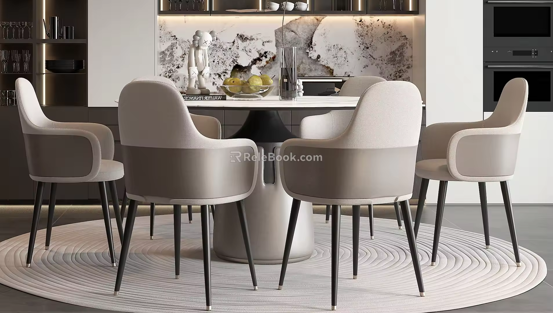 Modern Dining Table and Chair Combination Round Dining Table Dining Chair Wine Cabinet 3d model