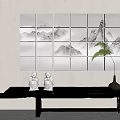 Traditional Chinese Interior With Mountain Landscape Screen White Figurines And Brown Vase On Dark Table