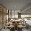 Modern Hotpot Restaurant Interior With Marble Walls Wooden Beams And Spacious Dining Area