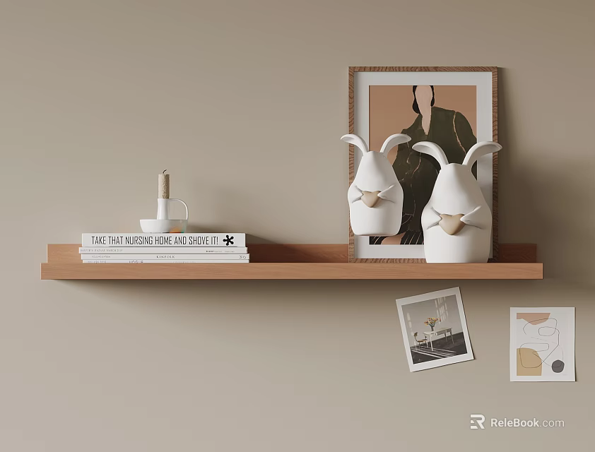 Stylish Wooden Shelf Decor With Rabbit Figurines Books And Framed Art Cards 3d model 