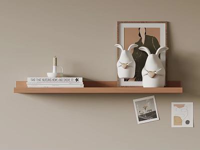 Stylish Wooden Shelf Decor With Rabbit Figurines Books And Framed Art Cards 3d model
