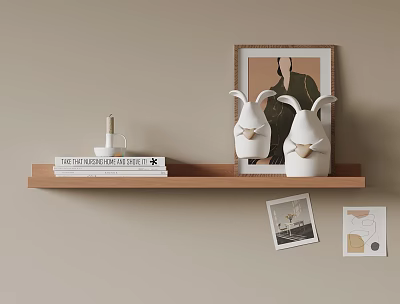 Stylish Wooden Shelf Decor With Rabbit Figurines Books And Framed Art Cards 3d model