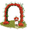 Beautiful Red Floral Arch Installation With Green Leaves Grass And Easel