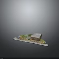 Small Building Exterior With Green Plants And Fallen Leaves On Stone Pathway