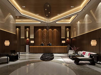 Elegant Hotel Lobby Interior Featuring Wooden Paneling Chandelier Reception Desk And Seating Areas 3d model
