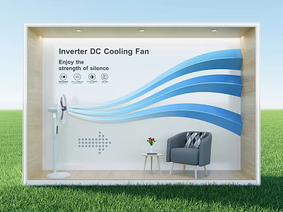 Inverter DC Cooling Fan Silent Coolness For Modern Living Room With Blue Wave Wall Design 3d model