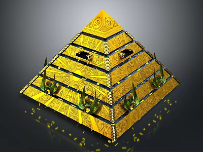 Modern Golden Pyramid Decorative Design With Layered Structure Intricate Patterns Green Ornaments And Golden Particles 3d model