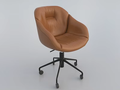 Brown Leather Office Chair With Curved Backrest Armrest And Black Rolling Base 3d model