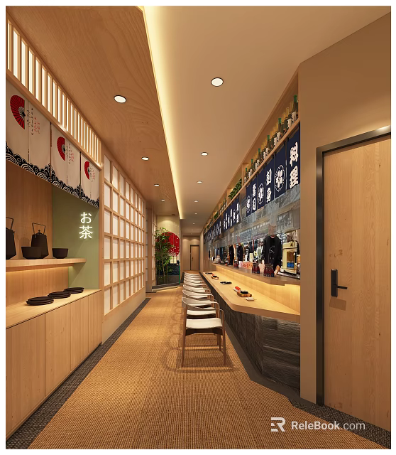 Traditional Japanese Restaurant Interior With Wooden Bar Counter Grilles Lanterns And Green Plants 3d model 