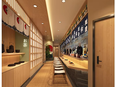 Traditional Japanese Restaurant Interior With Wooden Bar Counter Grilles Lanterns And Green Plants 3d model