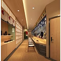 Traditional Japanese Restaurant Interior With Wooden Bar Counter Grilles Lanterns And Green Plants