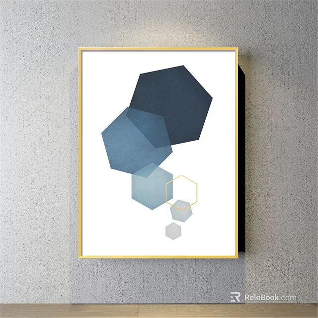 Modern Abstract Geometric Art With Blue Hexagons And Gold Frame 3d model 