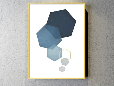 Modern Abstract Geometric Art With Blue Hexagons And Gold Frame 3d model
