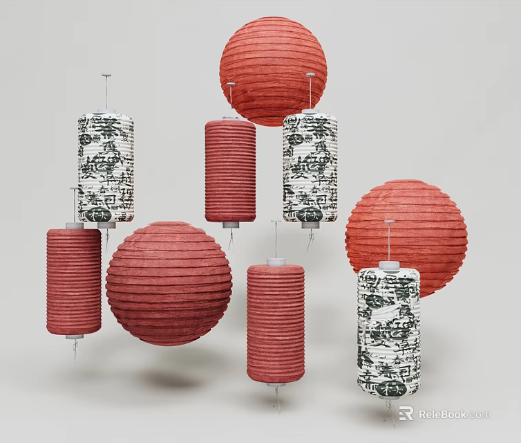 Collection Of Red And Patterned Lanterns In Different Shapes 3d model 