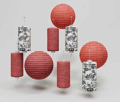 Collection Of Red And Patterned Lanterns In Different Shapes 3d model