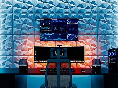 Modern Gaming Setup With Geometric Wall Multiple Monitors Chair And Speakers 3d model