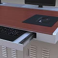 Modern Office Desk With Wooden Top Computer Monitor Keyboard Tray And Metal Frame