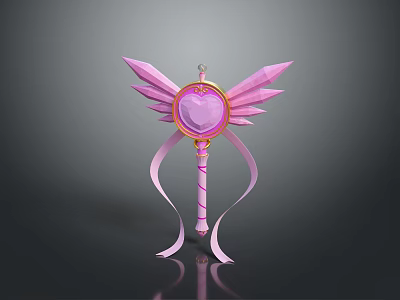 Pink Magical Weapon Featuring Winged Heart Gem and Flowing Decorative Ribbons 3d model