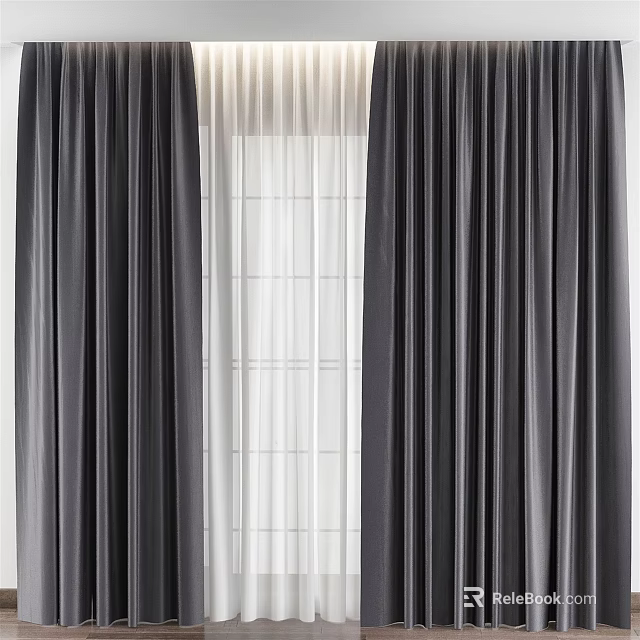 Dark Curtains With White Sheer Layers For Modern Window Decoration 3d model 