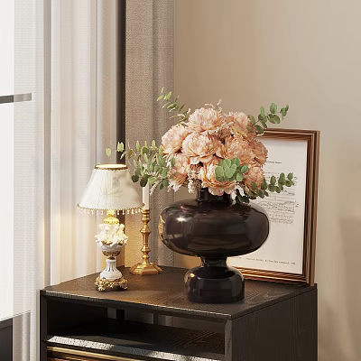 Dark Vase With Pink Flowers And Green Leaves On Dark Table With Lamp And Frame 3d model