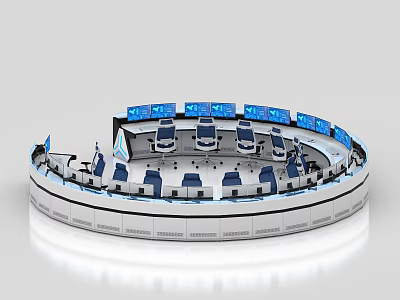 Modern Monitoring Room With Circular Control Console Multiple Monitors And Workstations 3d model