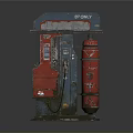 Vintage Red And Blue Gasoline Pump With Weathered Metal Structure And Control Panel