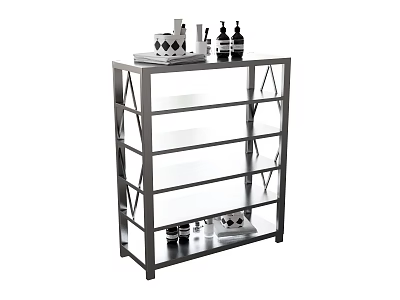 Open Metal Frame Storage Cabinet With Glass Shelves And Decorative Items 3d model