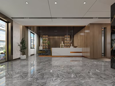 Modern Elevator Hallway With Marble Floor Wooden Walls And Reception Desk 3d model
