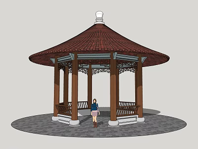 Traditional Chinese Pavilion With Wooden Columns Carved Details Red Tiled Roof And Person Standing 3d model