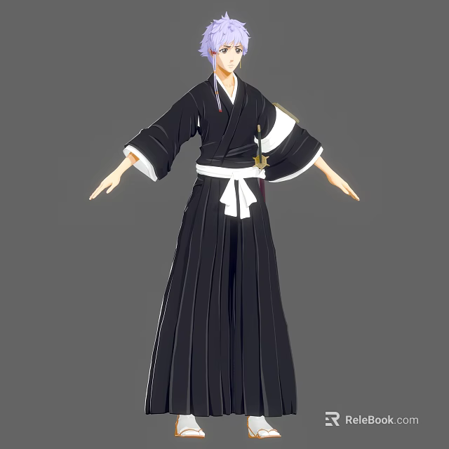 Woman with Purple Hair in Black Kimono Featuring White Obi and Sword 3d model 