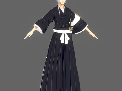 Woman with Purple Hair in Black Kimono Featuring White Obi and Sword 3d model