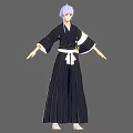 Woman with Purple Hair in Black Kimono Featuring White Obi and Sword