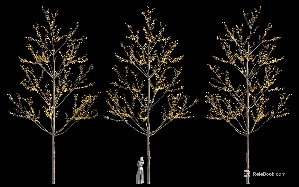 Three Tall Trees With Yellow Lights And White Sculpture In Center 3d model 