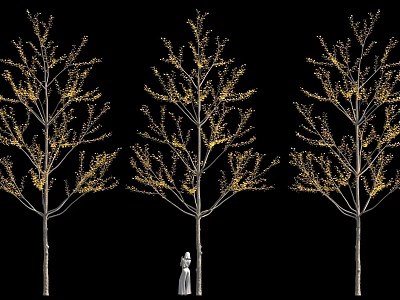 Three Tall Trees With Yellow Lights And White Sculpture In Center 3d model