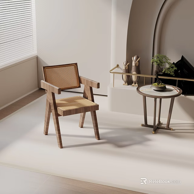 Leisure Chair with Wooden Frame and Rattan Backrest in Minimalist Interior with Small Round Table 3d model 