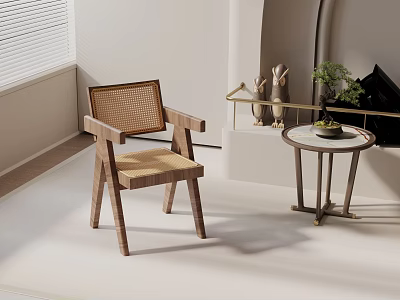 Leisure Chair with Wooden Frame and Rattan Backrest in Minimalist Interior with Small Round Table 3d model