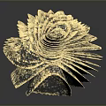 Golden Spiral Metallic Sculpture With Intricate Folded Design And Shiny Surface On Dark Reflective Background